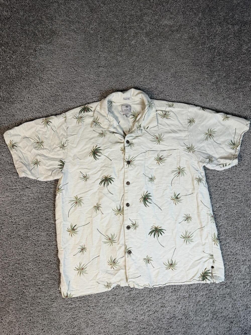 Luau Shirt Mens L Beige Hawaiian Short Sleeve Button Up Palm Tree Silk Cotton